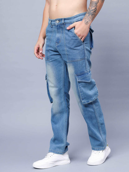 MEN'S LOOSE FIT MULTIPLE POCKET BLUE CARGO DENIM JEANS