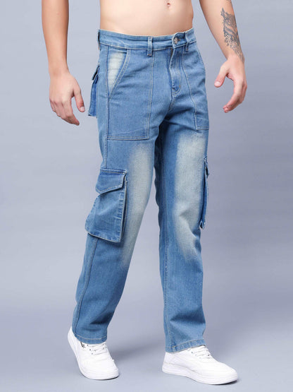 MEN'S LOOSE FIT MULTIPLE POCKET BLUE CARGO DENIM JEANS