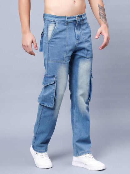 MEN'S LOOSE FIT MULTIPLE POCKET BLUE CARGO DENIM JEANS