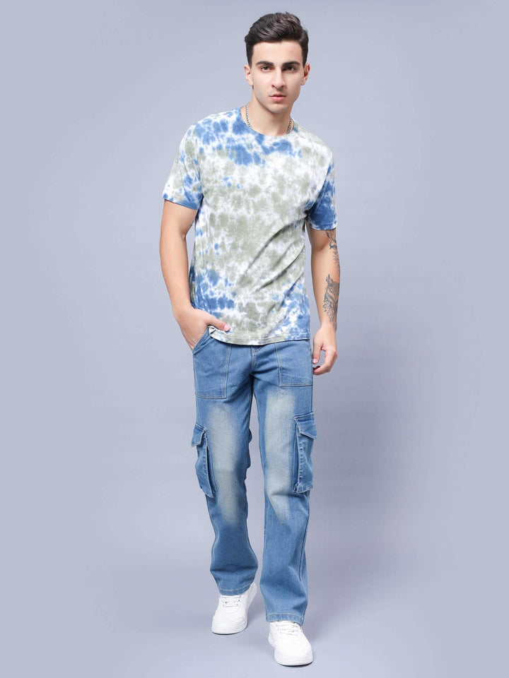 MEN'S LOOSE FIT MULTIPLE POCKET BLUE CARGO DENIM JEANS