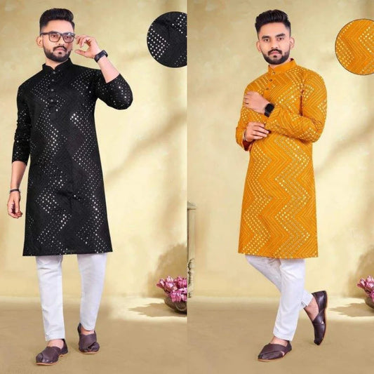 SOFT COTTON BEST FABRIC KURTA PAJAMA WITH SPECIAL EMBROIDERY MIRROR WORK KURTAS ( PACK OF 2 )